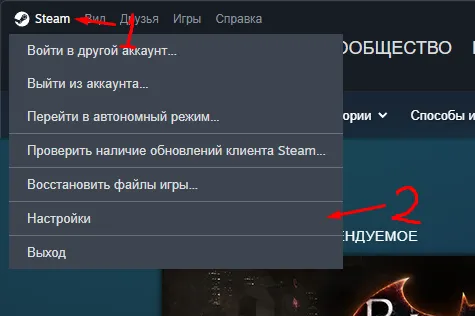 Меню Steam на ПК с указанием на Настройки