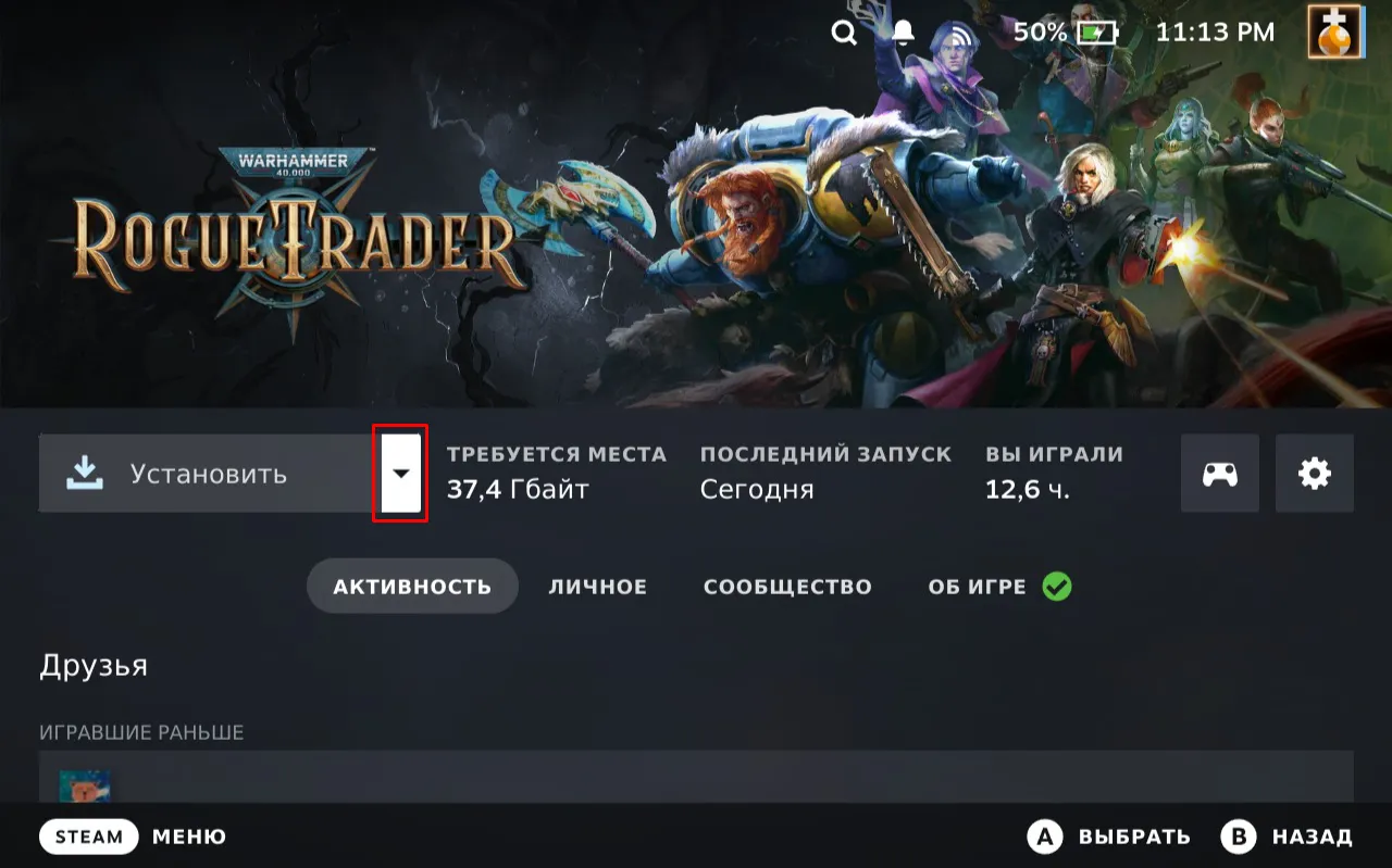 Страница игры на Steam Deck, показывающее выбор трансляции с ПК