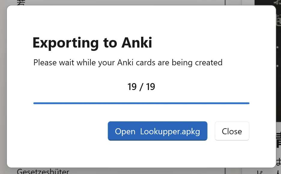 Диалог экспорта Lookupper в Anki